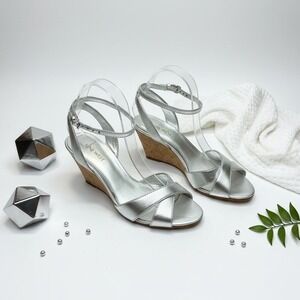 Nine West NEW Silver Metallic Cork Wedge Strappy Ankle Strap Sandals Womens 8M